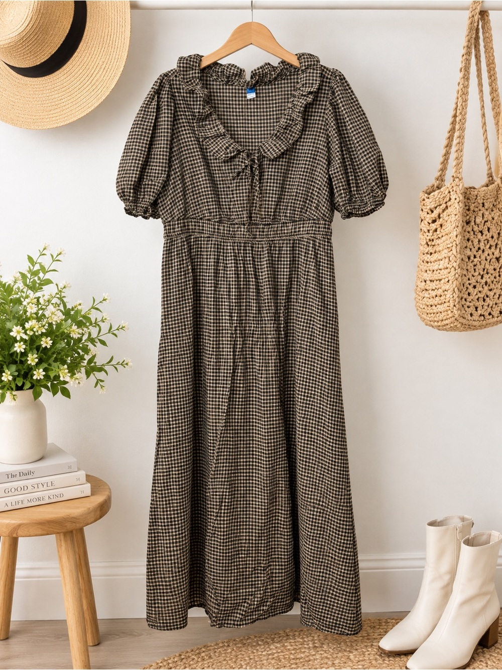 Old Navy Brown and Black Checked Maxi Dress